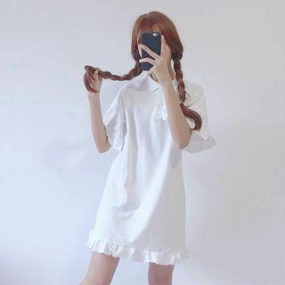 Ruffle Trim Elbow Sleeve Polo Shirt Dress