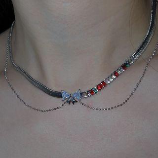 Bow Rhinestone Layered Alloy Necklace Silver - One Size