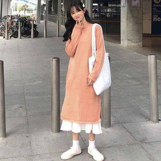 Long-sleeve Crinkle Midi A-line Dress White - One Size