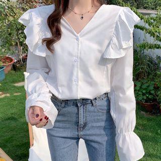 Long-sleeve Button-up Ruffle Blouse