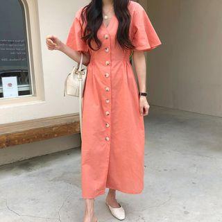 Single-breasted Bell-sleeve V-neck Dress