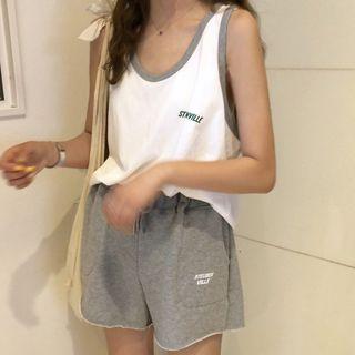 Set: Contrast Trim Tank Top + Drawstring Sweat Shorts