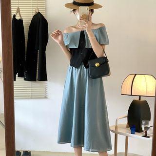 Set : Off Shoulder Blouse + High-waist Skirt