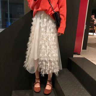 Feather Accent Midi A-line Skirt White - One Size