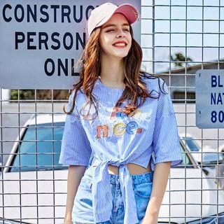 3/4-sleeve Striped Lace-up Top