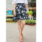 Band-waist Floral Linen Blend Flare Skirt