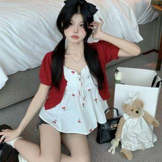 Cherry Print Camisole Top + Cropped Light Cardigan