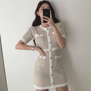 Short-sleeve Button-accent Mini Sheath Dress