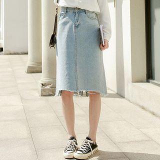 Distressed Straight-fit Denim Skirt