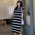 Short-sleeve Striped Midi T-shirt Dress Striped - Black & White - One Size