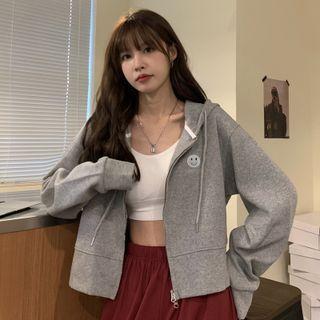Smiley Face Embroidered Hooded Zip Cropped Jacket