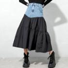 Denim Panel Tiered Midi A-line Skirt