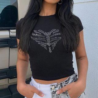 Short Sleeve Rhinestone-heart Crop Top