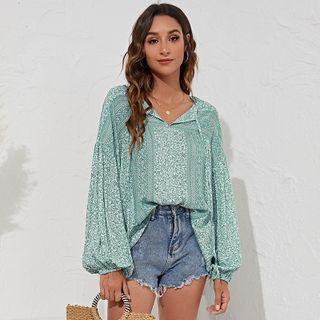 Floral Print Puff-sleeve Long-sleeve Top