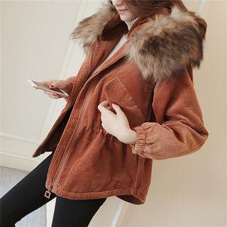 Furry Hooded Corduroy Jacket