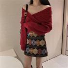 Off-shoulder Sweater / Mini Patterned Sheath Skirt