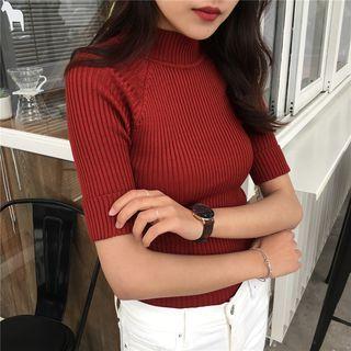 Short Sleeve Mock Neck Rib Knit Top