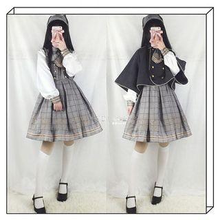 Double Breasted Cape / Plaid Jumper Dress / Beret