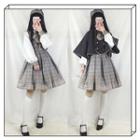 Double Breasted Cape / Plaid Jumper Dress / Beret