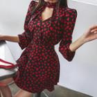 Mock-neck Heart Pattern Mini Flare Dress