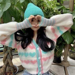 V-neck Heart Button-up Cardigan Almond - One Size