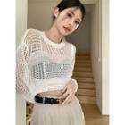 Long-sleeve Perforated Cropped Knit Top White - One Size