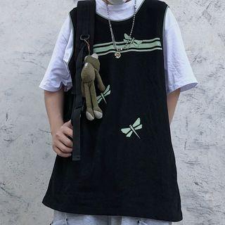 Mock Two-piece Dragonfly Print Short-sleeve T-shirt