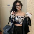 Long-sleeve Off-shoulder Tie-dyed Cropped Top As Figure - One Size
