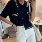 Color-block Short-sleeve Knit Top As Shown In Figure - One Size