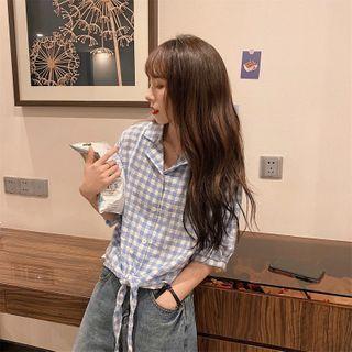 Short Sleeve Tie-hem Check Top