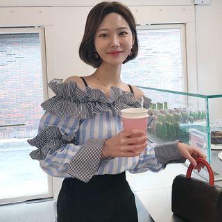 Striped Off Shoulder Ruffle Blouse