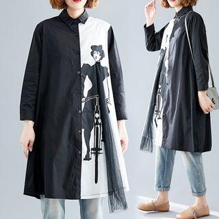 Long-sleeve Graphic Print Mesh Trim Long Shirt