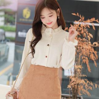 Frill-edge Faux Gem-button Blouse