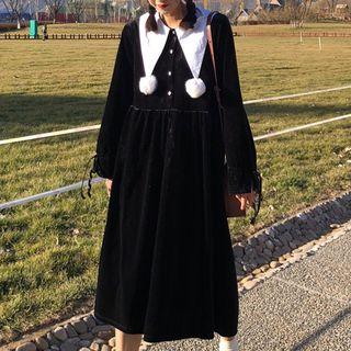 Long-sleeve Corduroy Midi Dress Black - One Size