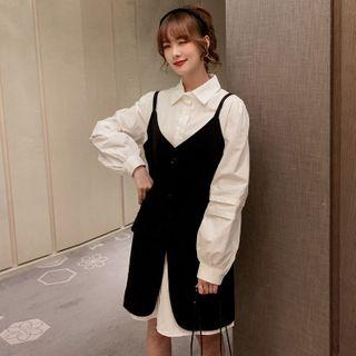 Set: Long-sleeve Mini Shirt Dress + Button Vest