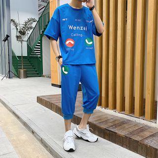 Set: Elbow-sleeve Lettering T-shirt + Harem Sweatpants
