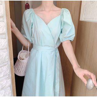 Plain V Neck Puff Short Sleeve Dress