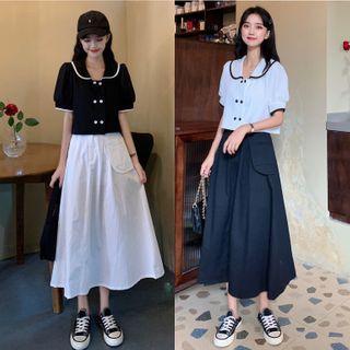 Contrast Trim Double-buttoned Cropped Top