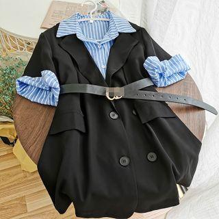 Set: Striped Short-sleeve Shirt + Single-breasted Short-sleeve Blazer Shirt - Blue - One Size / Blazer - Black - One Size