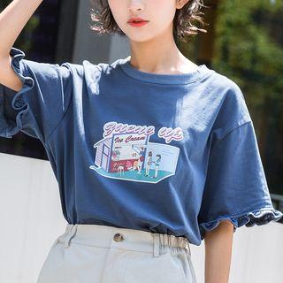 Printed Short-sleeve Ruffled T-shirt