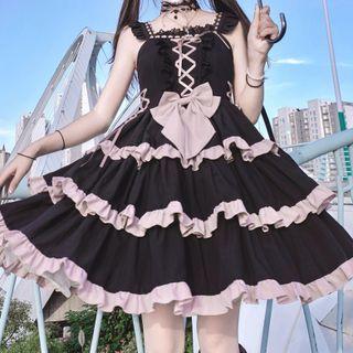 Sleeveless Ribbon Layered A-line Dress / Choker / Head Band / Set