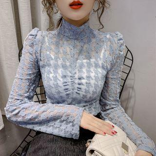 Set: Mock-turtleneck Long-sleeve Lace Top + Camisole Top