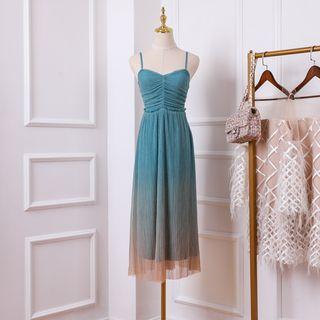 Spaghetti Strap Gradient Mesh Midi Dress