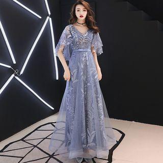 Elbow-sleeve Floral Embroidered A-line Evening Gown