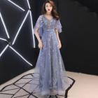 Elbow-sleeve Floral Embroidered A-line Evening Gown