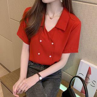 Short-sleeve V-neck Double-breasted Top
