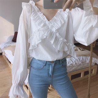 Puff Sleeve V-neck Ruffled Top