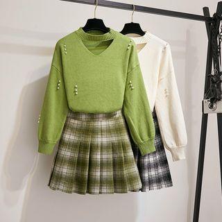 Set: Beaded Sweater + Plaid Pleated Skirt