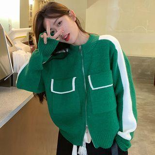 Round Neck Two-tone Zip-up Knit Jacket