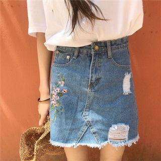 Floral Embroidered Ripped Denim Skirt